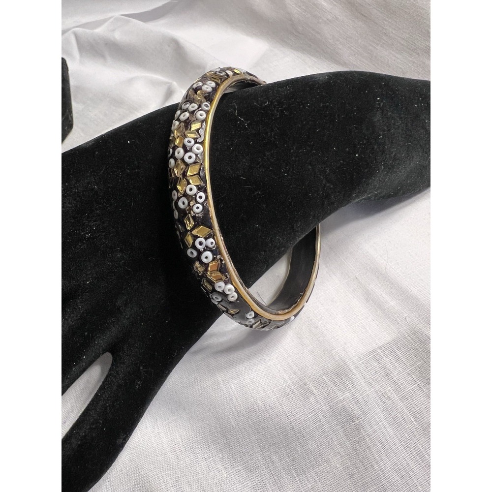 Vintage India Brass Bangle Bracelet Black Gold White Glass Beads Ethnic Style